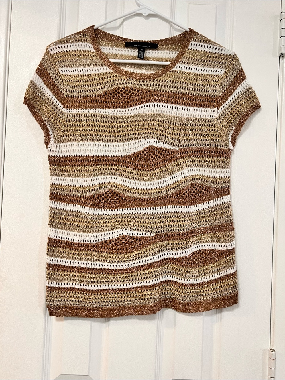 White House Black Market Open Knit Metallic Striped Short Sleeve Sweater M Boho - Picture 4 of 7
